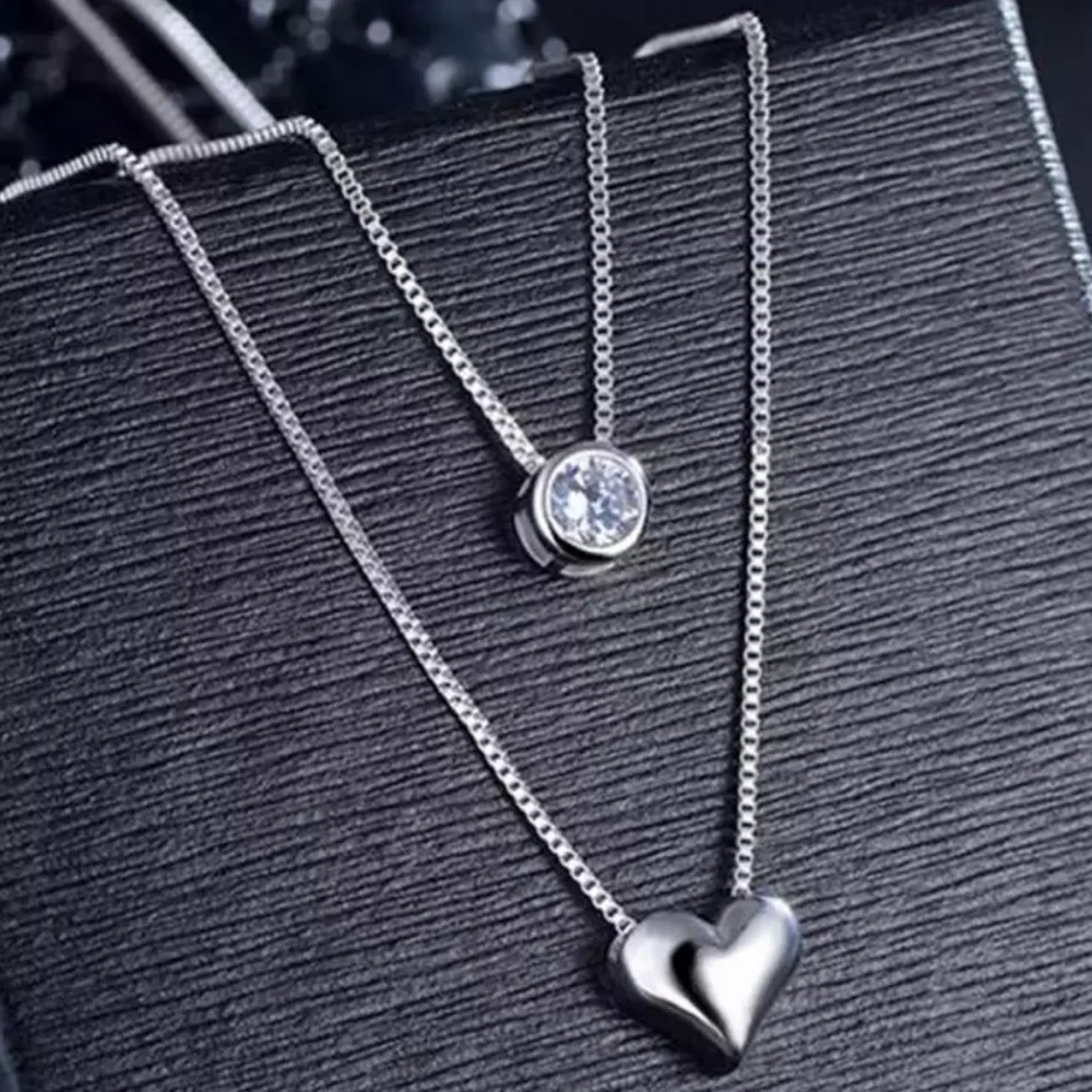 925 STERLING SILVER DIAMOND DOUBLE LAYER NECKLACE, NICE NECKLACE, CUTE NECKLACE
